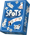 Blue board game box titled SPOTS featuring illustrations of white dogs with dice as their spots.
