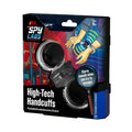 Spy Labs toy handcuffs box featuring black and silver plastic cuffs with an alarm and motion sensor illustration.