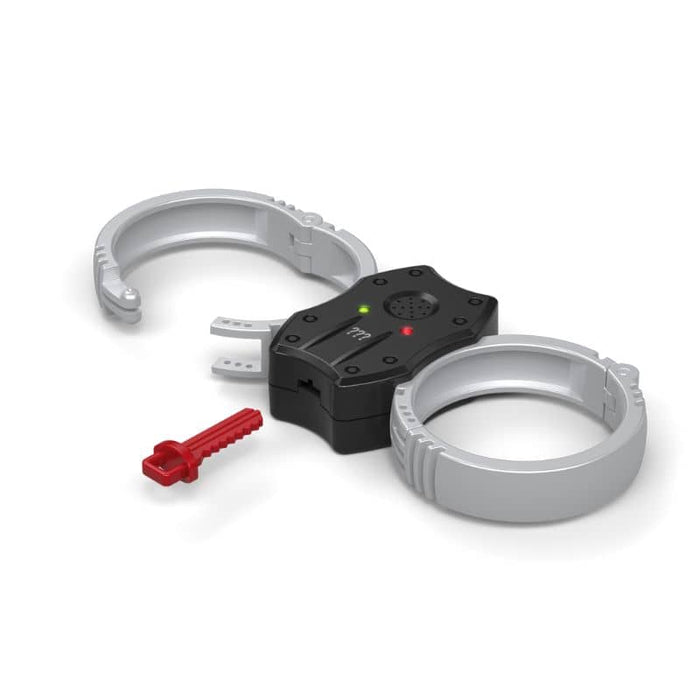 Silver and black electronic toy handcuffs with red and green lights, one cuff open, and a small red key.