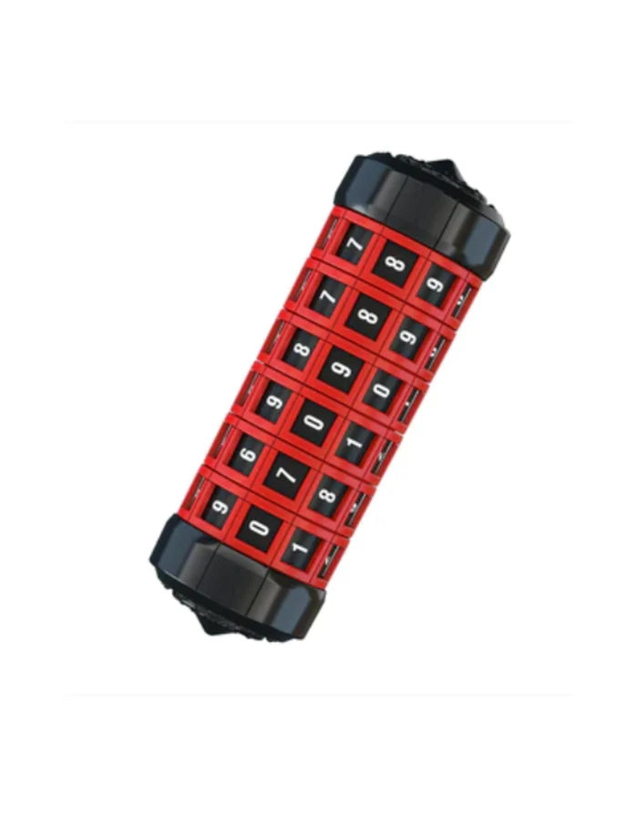 Cylindrical red and black puzzle safe featuring six rotating rings with white numbers on a white background.