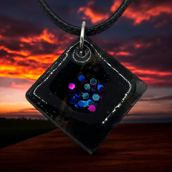 Square Poplar Wood Charm With Colored Resin Glitter Inlay Comes With 18" Adjustable Necklace
