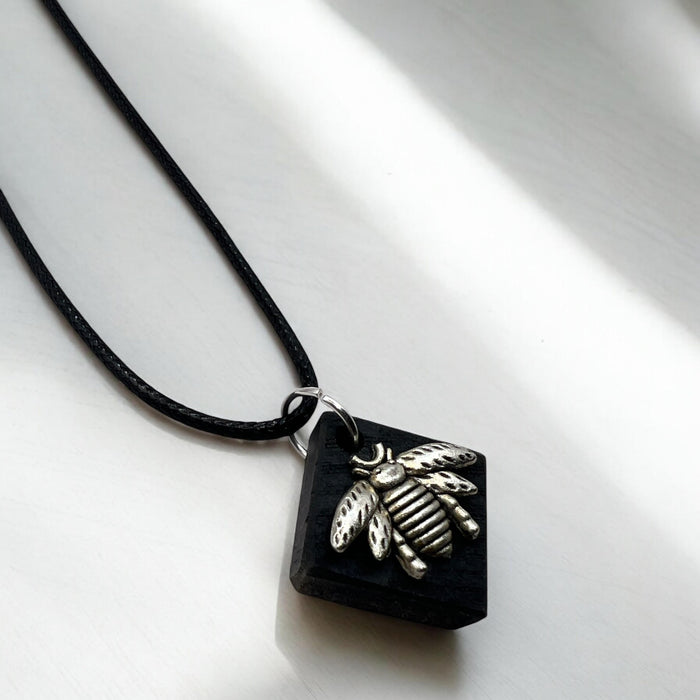 Square Wood Necklace With Bee Charm 18" Adjustable Necklace
