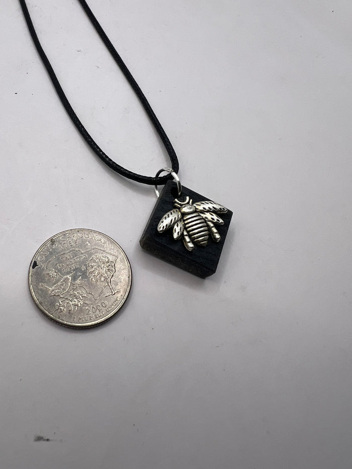 Square Wood Necklace With Bee Charm 18" Adjustable Necklace
