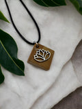 Square Wood Necklace with Lotus Flower Stainless Steel Charm 18" Adjustable Necklace