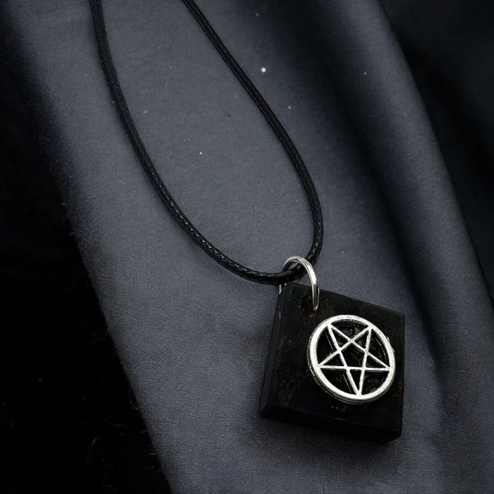Square Wood Necklace With Pentagram Charm With 18" Adjustable Necklace