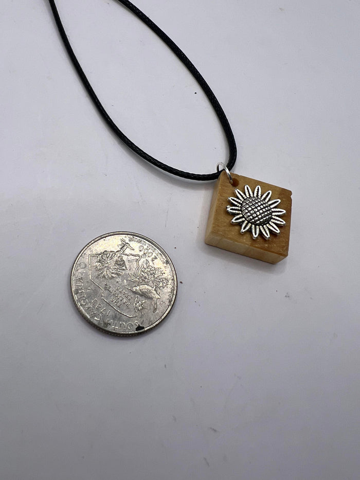Square Wood Necklace With Stainless Steel Sunflower Charm 18" Adjustable Necklace