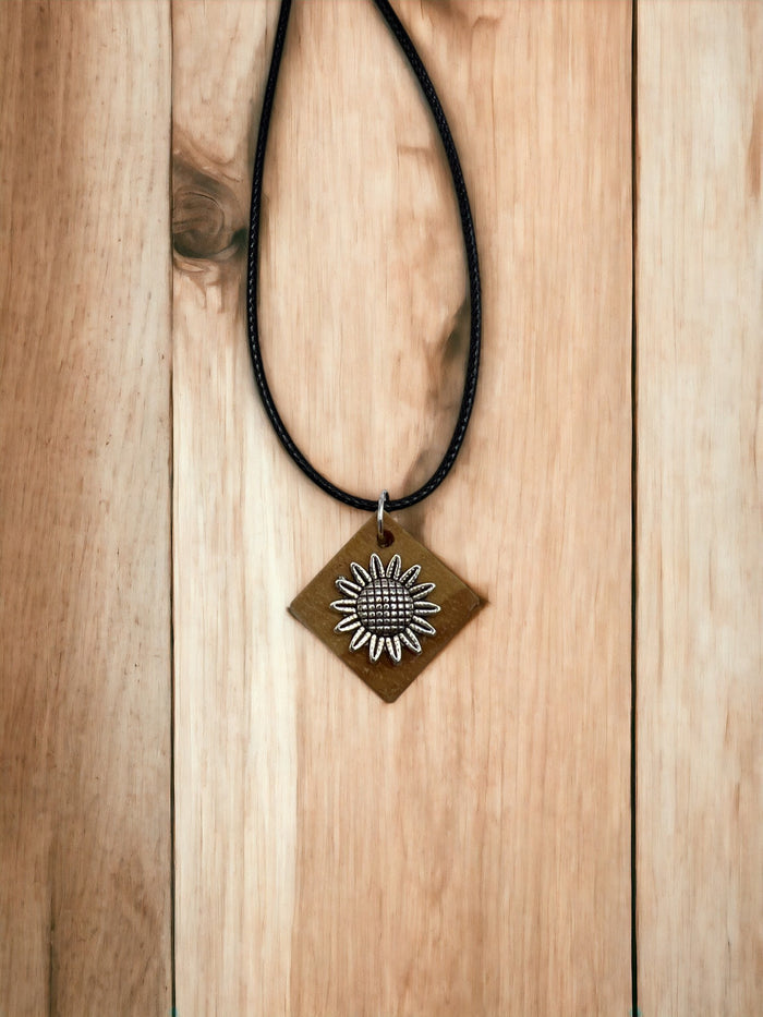 Square Wood Necklace With Stainless Steel Sunflower Charm 18" Adjustable Necklace