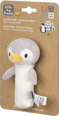 Plush penguin baby rattle in grey and white with a yellow beak, shown on its cardboard retail packaging.