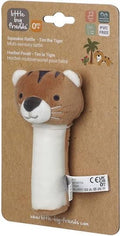 A plush tiger squeaker rattle with a brown head and white handle mounted on a brown cardboard backing.