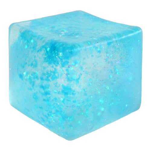 Translucent light blue squishy cube filled with shimmering glitter particles and rounded edges.