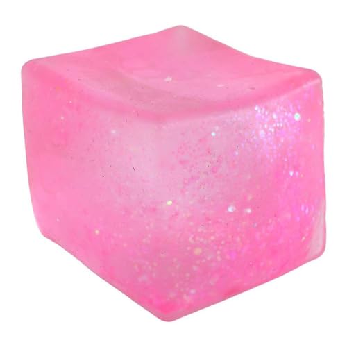 Translucent bright pink squishy cube toy filled with sparkling iridescent glitter.