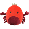 Bright red round crab plush with a gold crown, smiling face, and dark burgundy corduroy belly.