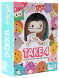 Teal and white box for Take 4 game with colorful character art and a window showing an exclusive brown Bigfoot plush.