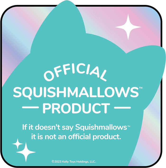 Teal cat silhouette on an iridescent background with white text reading Official Squishmallows Product and sparkles.