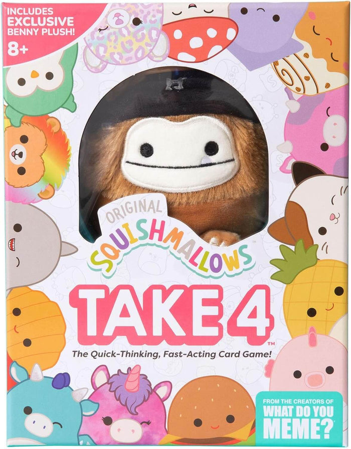 Squishmallows Take 4 box with colorful plush illustrations and a fuzzy brown Bigfoot plush toy wearing a black beanie.