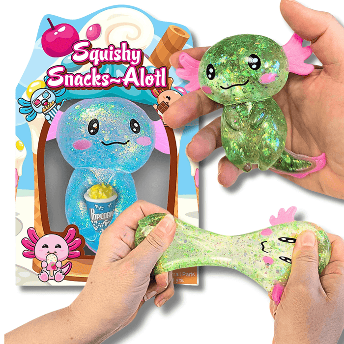 Glittery blue and green axolotl toys with pink gills, shown in packaging and being stretched to show squishy flexibility.