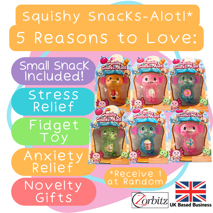 Six colorful glittery axolotl toys in packaging, each holding a snack, with text bubbles listing product benefits.
