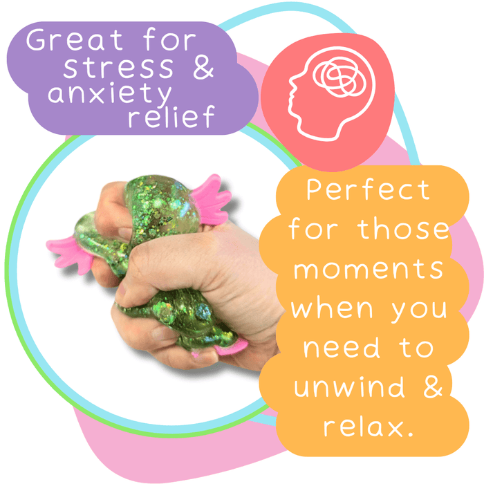 Hand squeezing a green glittery axolotl toy with pink gills. Text bubbles highlight stress relief and relaxation.