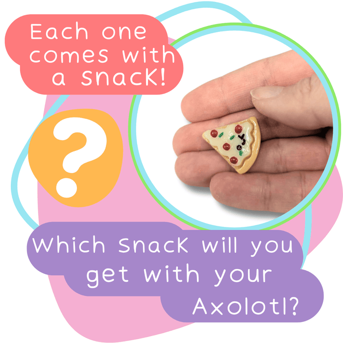 Hand holding a tiny pizza charm with a face against a colorful graphic. Text: Which snack will you get with your Axolotl?