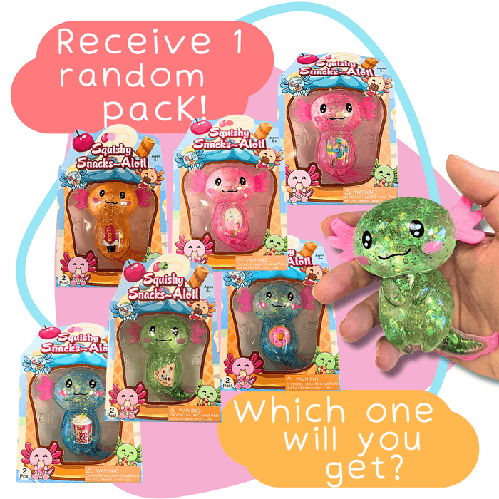 Six colorful, glittery axolotl squishy toys in snack-themed boxes and one green squishy held in a hand.