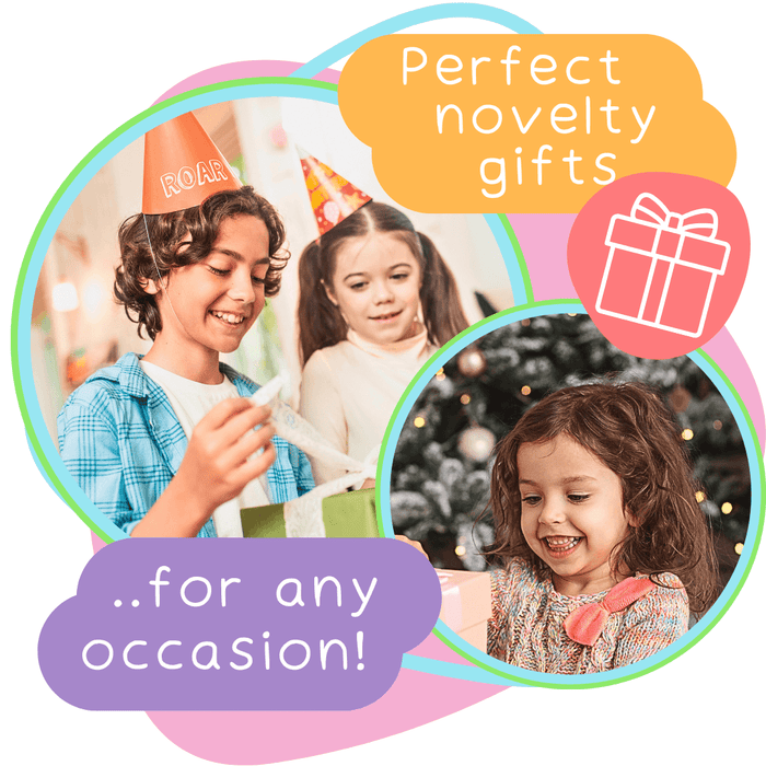 Happy kids opening gifts at a party and Christmas, framed in colorful bubbles with novelty gift text.
