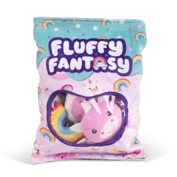 Plush snack bag with heart window showing small unicorn and rainbow toys inside, labeled Fluffy Fantasy.