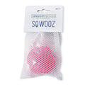 A pink textured ball inside a white mesh bag attached to a white SENSORY GENIUS SQWOOZ product display card.