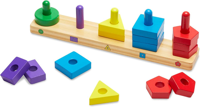Wooden toy with numbered pegs and colorful geometric shapes in green, purple, yellow, blue, and red.