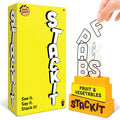 Yellow STACKIT game box with white 3D letters being stacked onto a yellow base labeled Fruit & Vegetables.