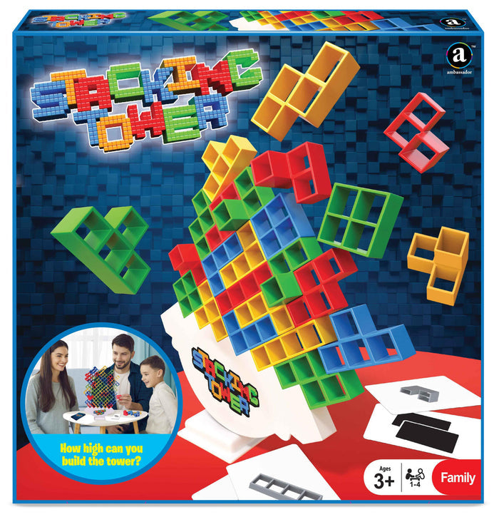 Colorful geometric blocks stacked on a white balancing base on a blue game box with an inset of a family playing.