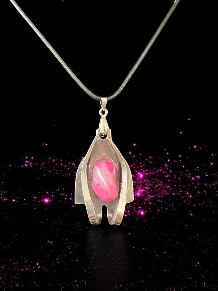 Stainless Steel Necklace With Pink Dyed Agate Stone Comes With 18" Adjustable Necklace