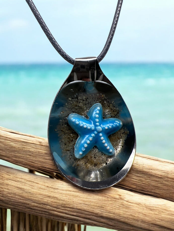 Star Fish Pendant Spoon With Real Sand From Jersey Shore With 18" adjustable Necklace