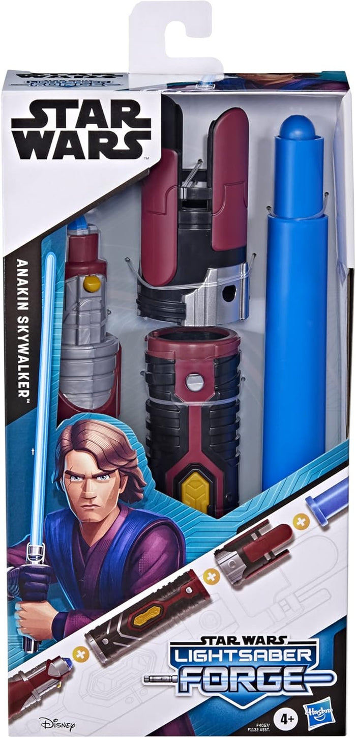 Toy lightsaber kit in box with maroon and black hilt pieces, blue telescoping blade, and Anakin Skywalker character art.
