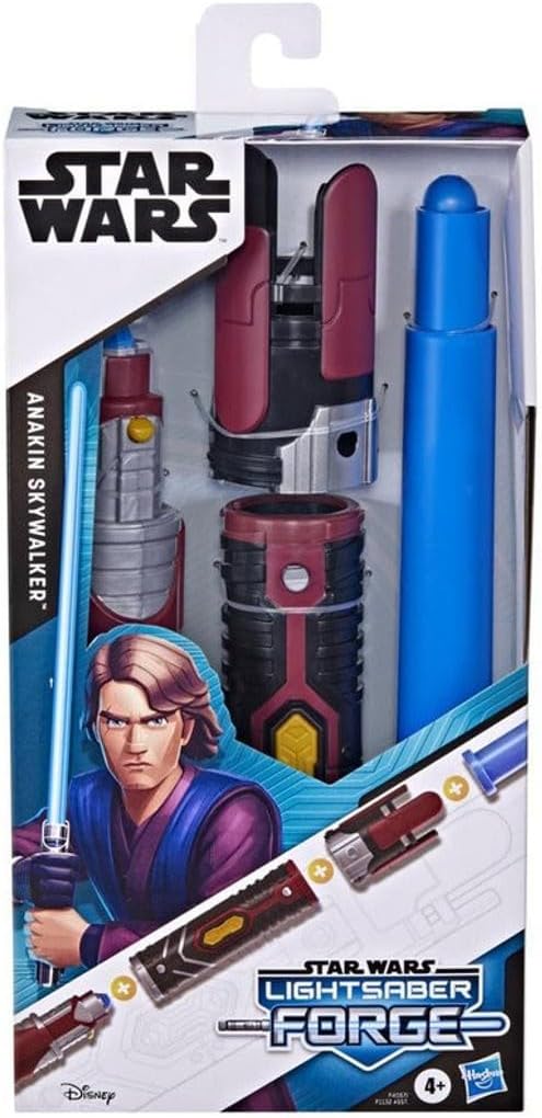 Star Wars toy box showing blue retractable blade, maroon hilt parts, and cartoon character illustration.