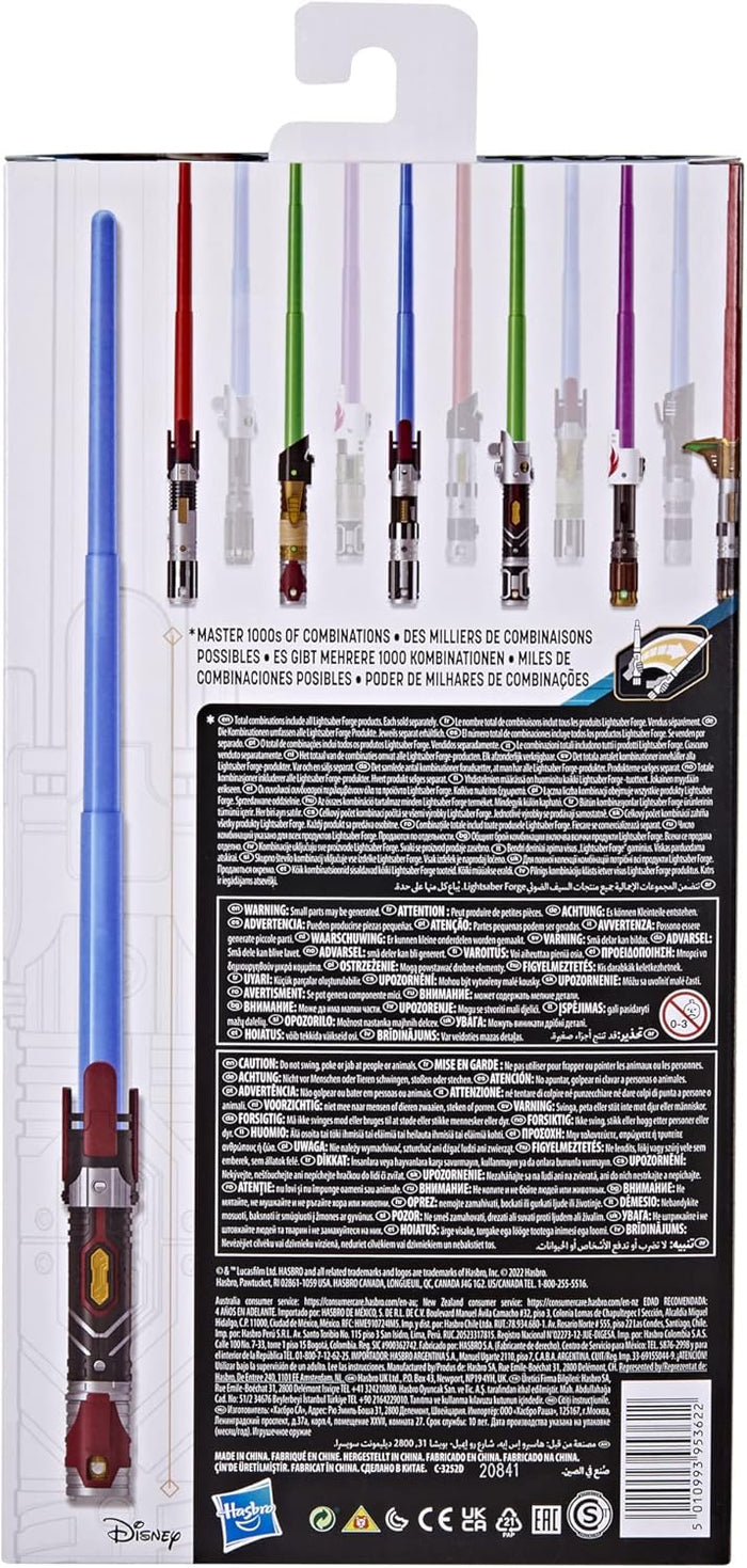 Back of toy packaging featuring a blue lightsaber, colorful part icons, and extensive multilingual safety information.