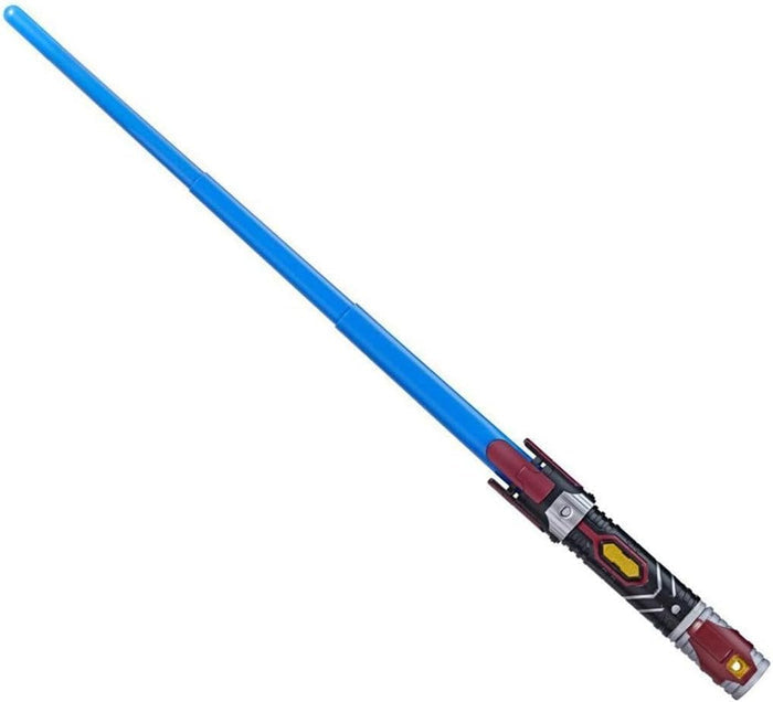 Toy lightsaber with an extendable blue blade and a black hilt with red, silver, and yellow accents.