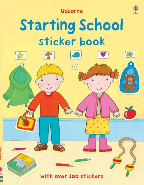 Yellow cover featuring illustrated boy and girl in school hallway with backpack, coats, and school supply stickers.