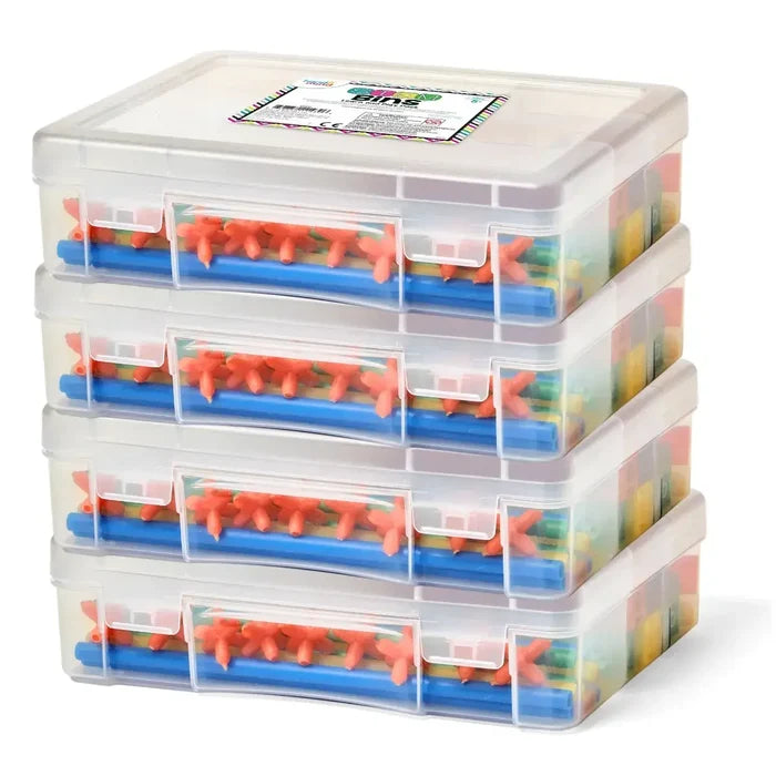Four clear plastic storage bins stacked and filled with blue building rods and orange star-shaped connectors.