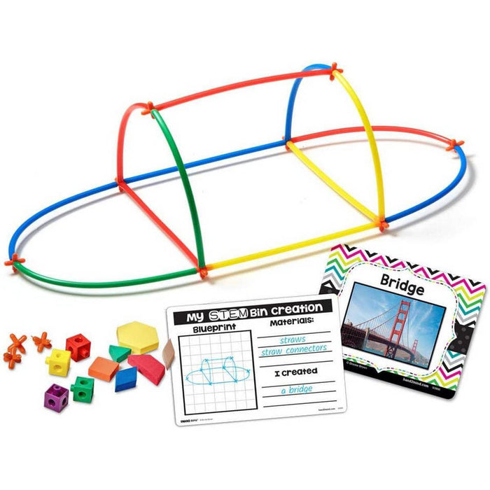 Colorful straw bridge model, building blocks, and STEM activity cards for a bridge-building project.