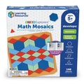 Toy box for a building set showing a colorful pattern of red, blue, and green geometric shapes and design cards.