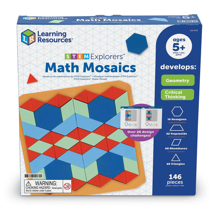 Toy box for a building set showing a colorful pattern of red, blue, and green geometric shapes and design cards.