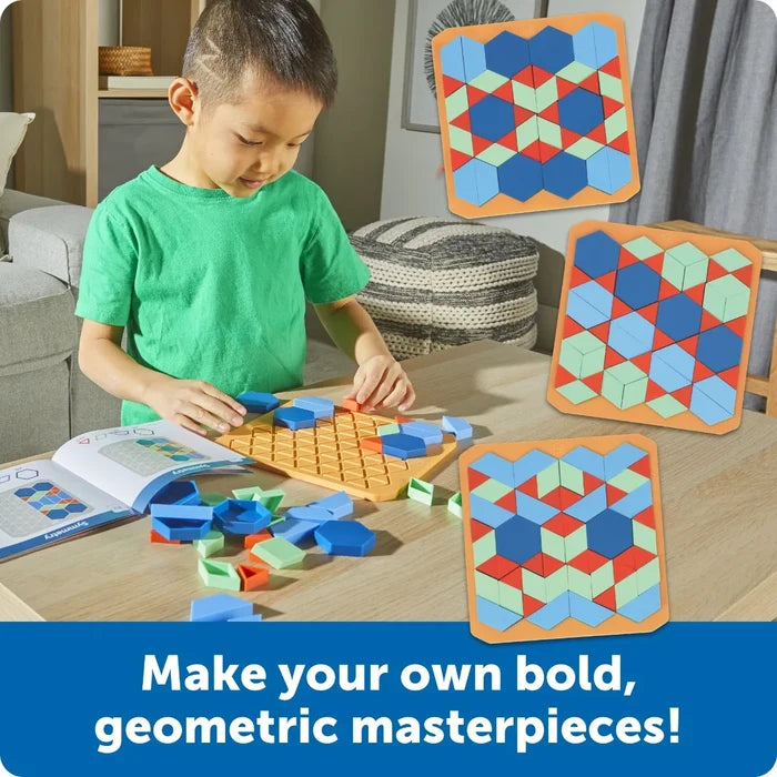 A child arranges colorful geometric tiles on a grid board with examples of completed mosaic patterns.