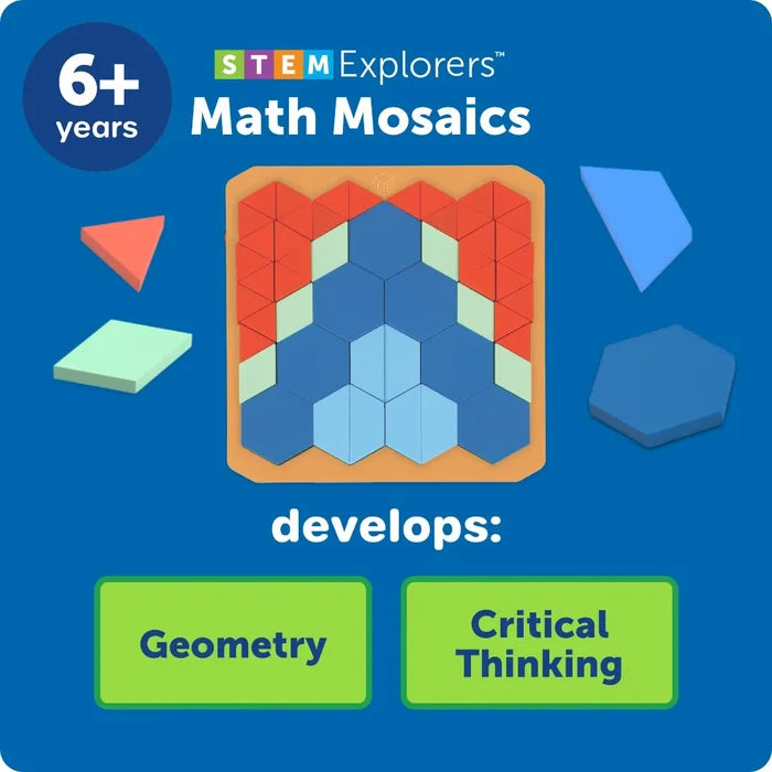 Ages 6+ math toy showing red triangles, green diamonds, and blue hexagons forming a mosaic pattern in a tray.