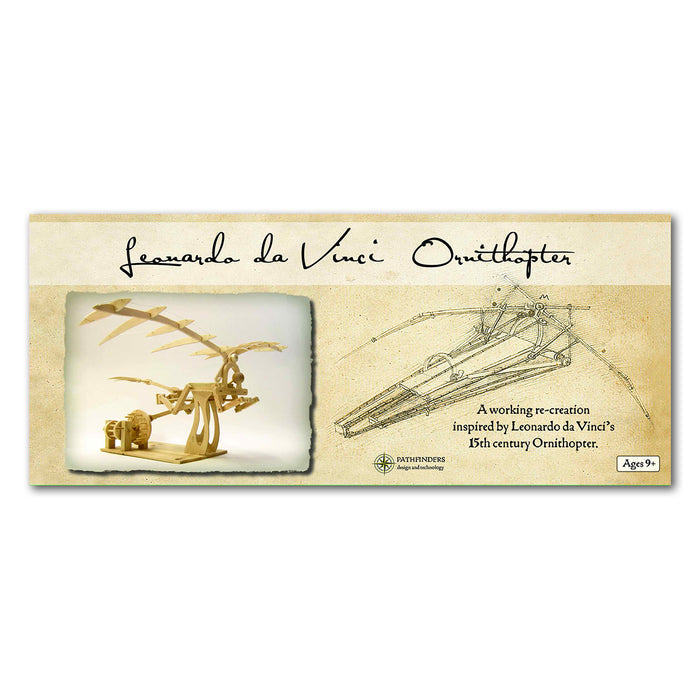 Beige box for a wooden ornithopter kit showing the assembled model and a vintage-style technical drawing.