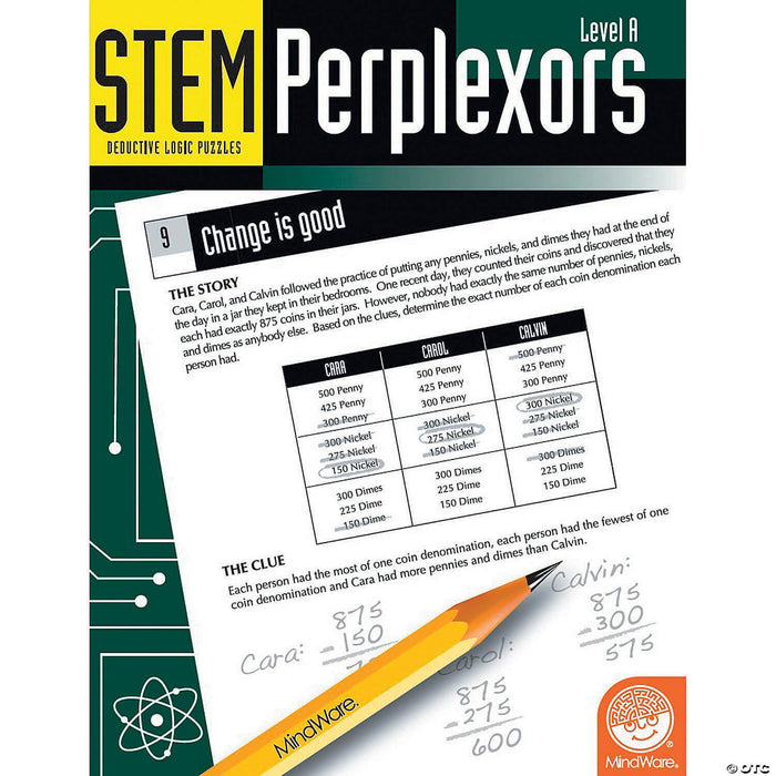 STEM Perplexors Level A logic puzzle page with a coin-themed deduction grid and handwritten pencil notes.