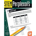 STEM Perplexors Level A logic puzzle page with a coin-themed deduction grid and handwritten pencil notes.