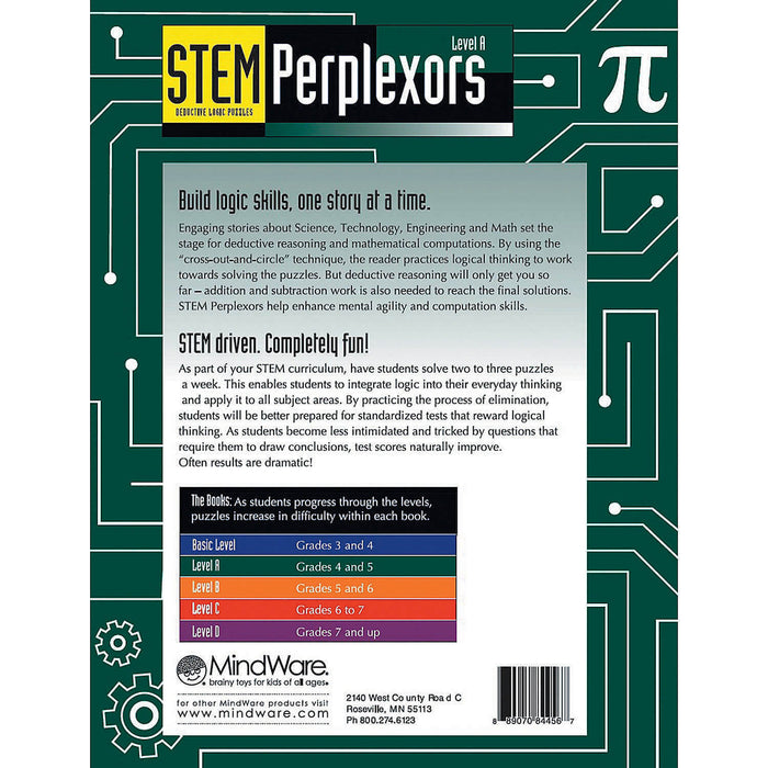 Green back cover of a logic book with circuit board art, descriptive text, and a chart for grade-level difficulty.