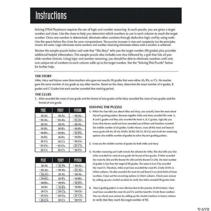 Black and white logic puzzle instruction page with text clues and sample grids showing how to eliminate numbers.