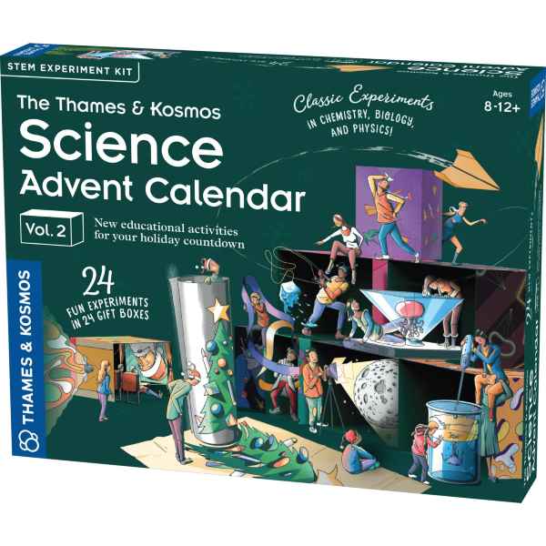 Teal box for a science advent calendar with illustrations of kids doing physics, biology, and chemistry experiments.