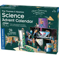 Teal box for a science advent calendar with illustrations of kids doing physics, biology, and chemistry experiments.